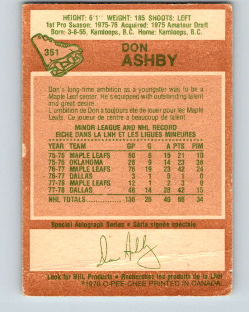 1978-79 O-Pee-Chee #351 Don Ashby Toronto Maple Leafs V25788