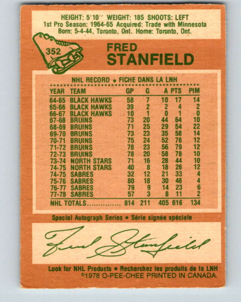 1978-79 O-Pee-Chee #352 Fred Stanfield Buffalo Sabres V25791