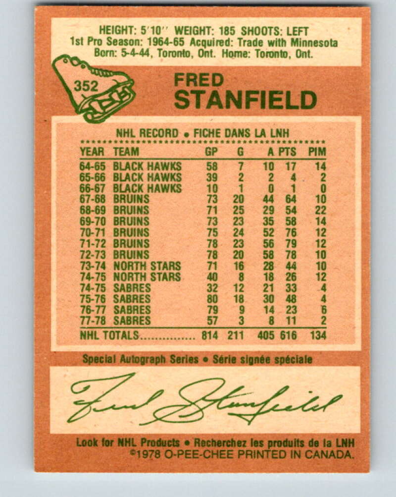 1978-79 O-Pee-Chee #352 Fred Stanfield Buffalo Sabres V25793