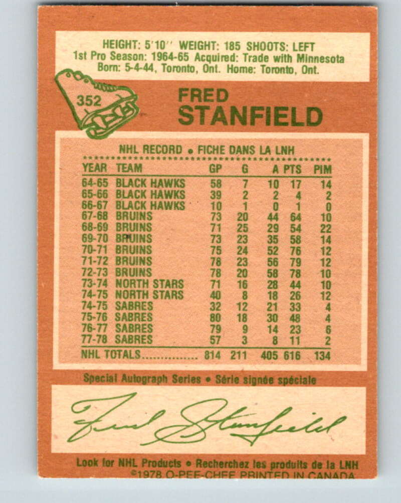 1978-79 O-Pee-Chee #352 Fred Stanfield Buffalo Sabres V25800