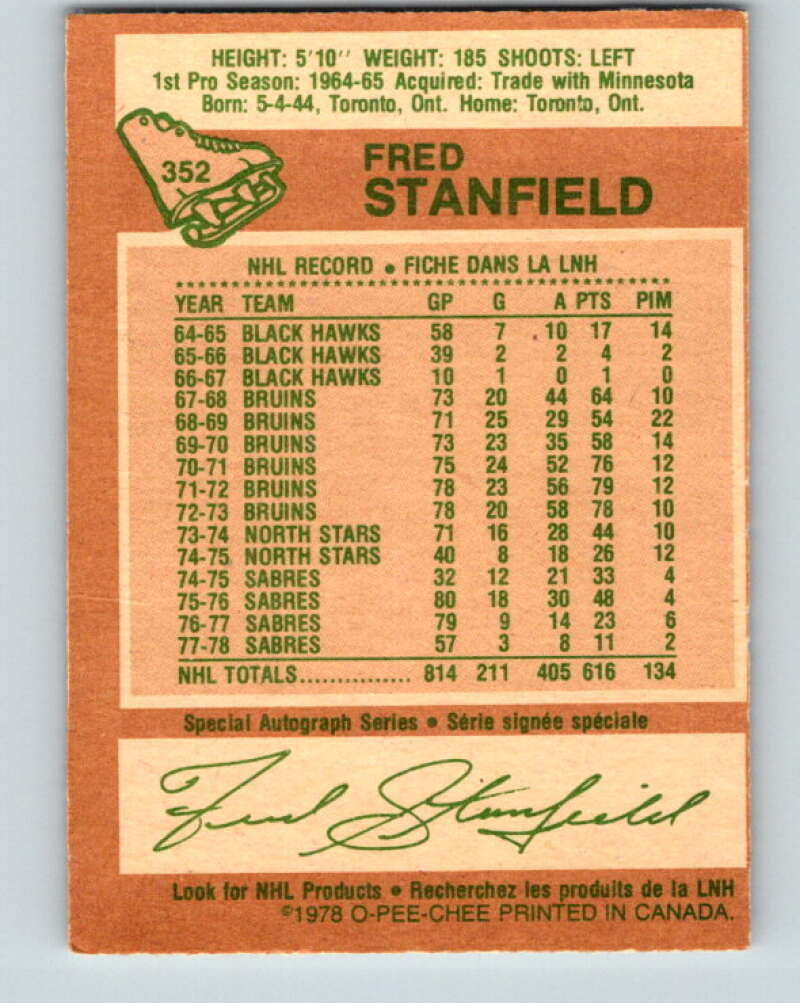 1978-79 O-Pee-Chee #352 Fred Stanfield Buffalo Sabres V25802