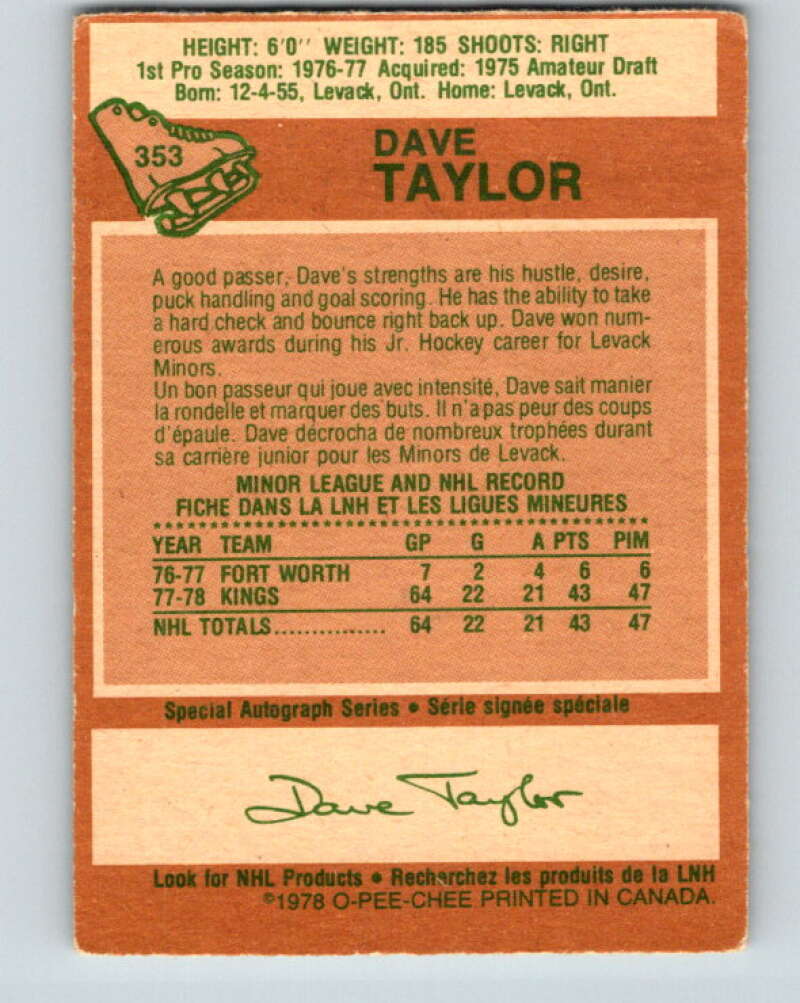 1978-79 O-Pee-Chee #353 Dave Taylor RC Rookie Kings V25803
