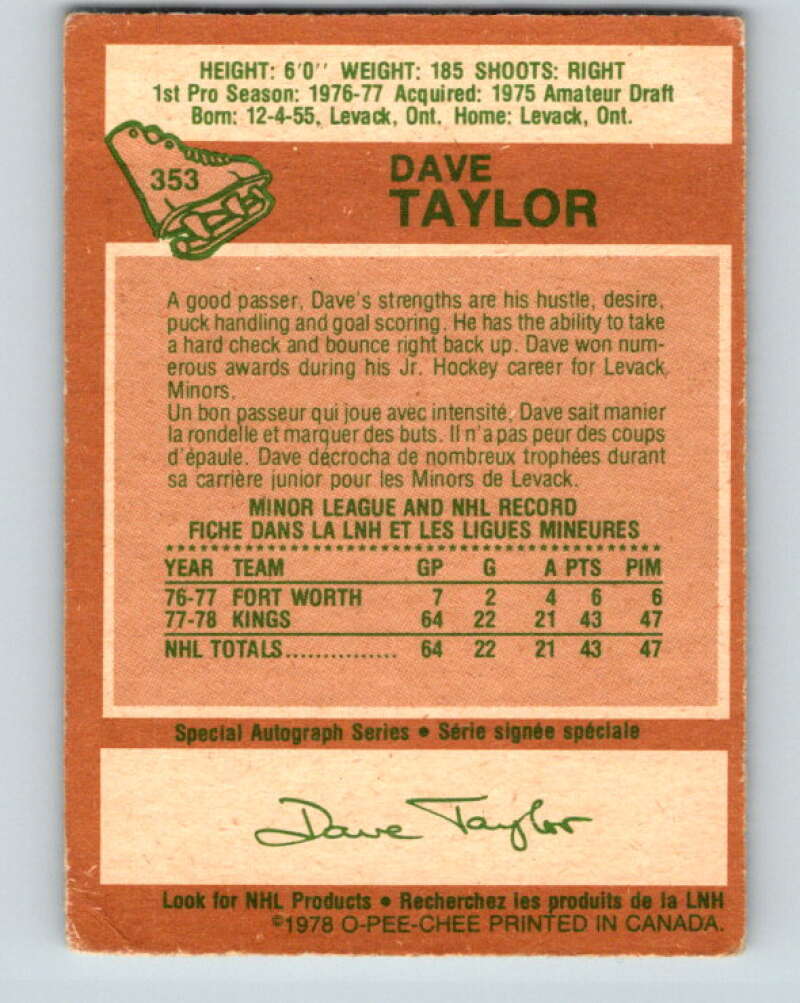 1978-79 O-Pee-Chee #353 Dave Taylor RC Rookie Kings V25804