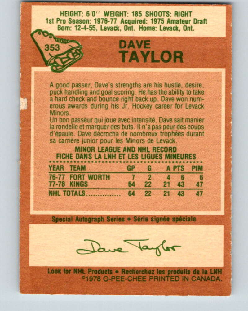 1978-79 O-Pee-Chee #353 Dave Taylor RC Rookie Kings V25813