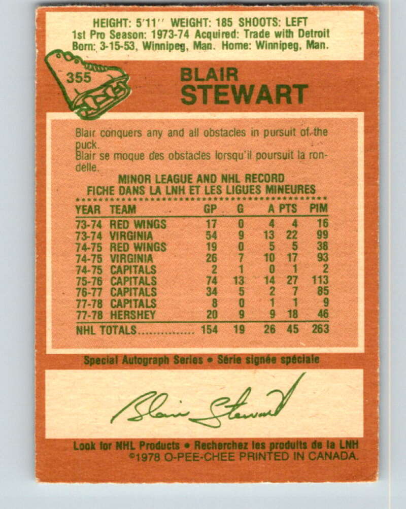 1978-79 O-Pee-Chee #355 Blair Stewart RC Rookie Capitals V25830