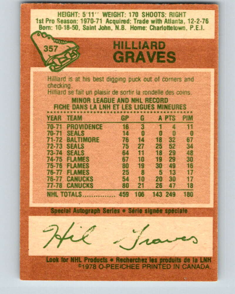 1978-79 O-Pee-Chee #357 Hilliard Graves Vancouver Canucks V25856