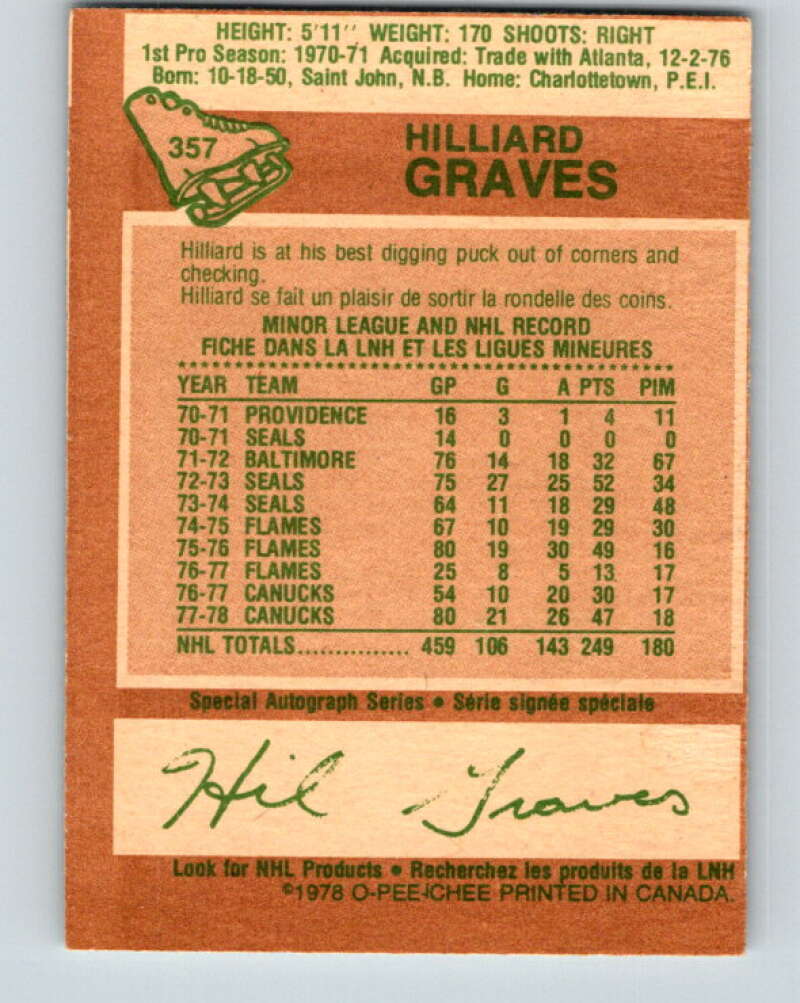 1978-79 O-Pee-Chee #357 Hilliard Graves Vancouver Canucks V25857