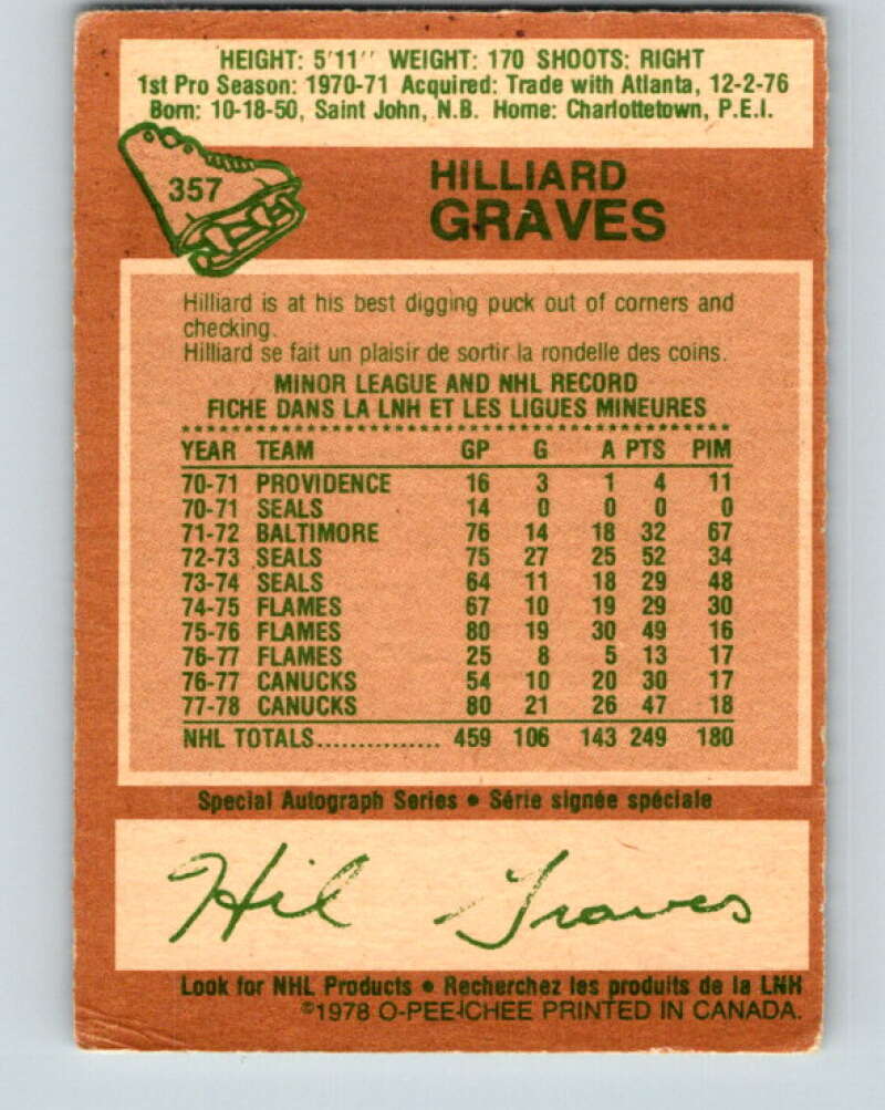 1978-79 O-Pee-Chee #357 Hilliard Graves Vancouver Canucks V25859
