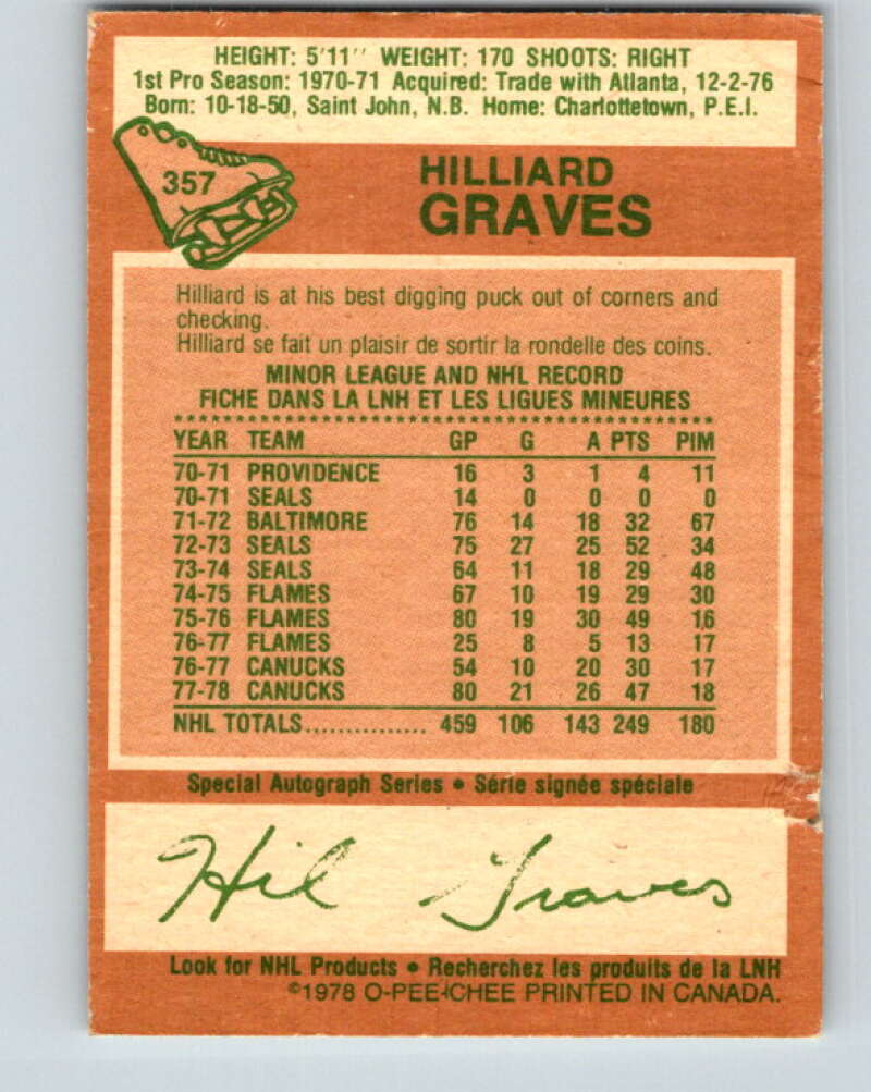 1978-79 O-Pee-Chee #357 Hilliard Graves Vancouver Canucks V25860