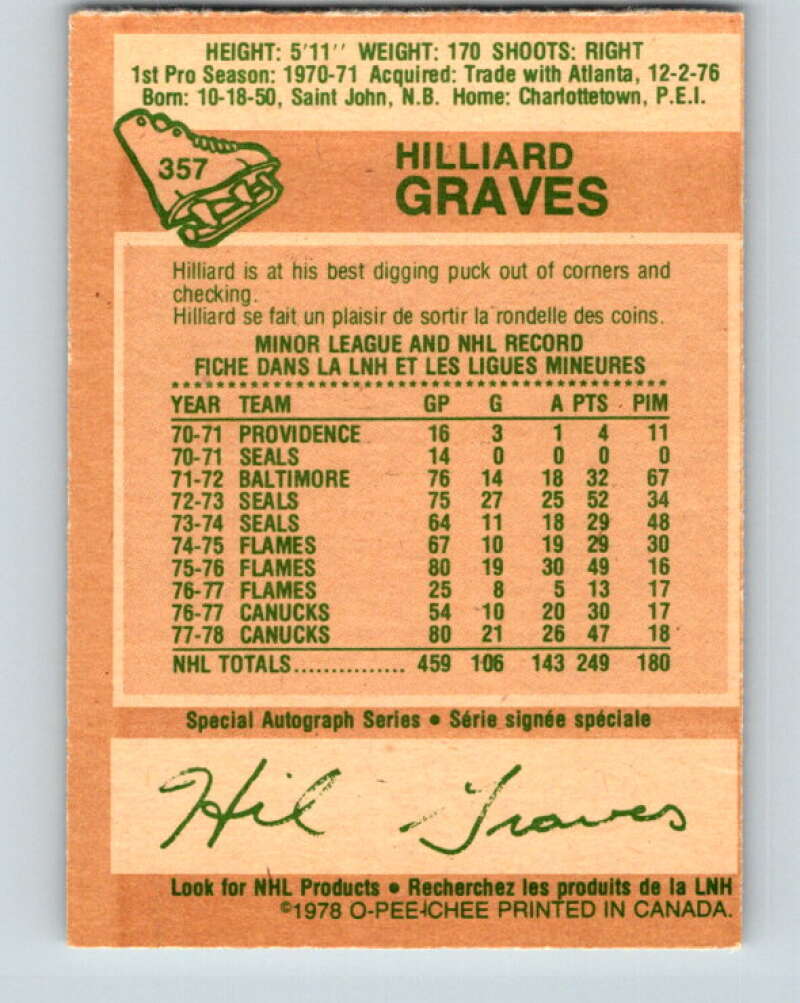 1978-79 O-Pee-Chee #357 Hilliard Graves Vancouver Canucks V25861