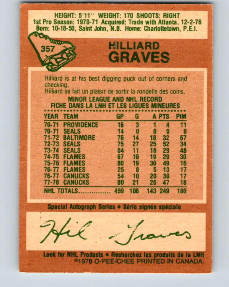 1978-79 O-Pee-Chee #357 Hilliard Graves Vancouver Canucks V25868