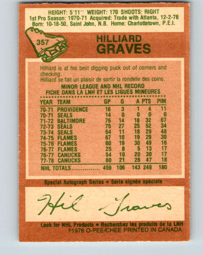 1978-79 O-Pee-Chee #357 Hilliard Graves Vancouver Canucks V25869