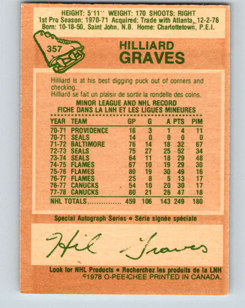 1978-79 O-Pee-Chee #357 Hilliard Graves Vancouver Canucks V25871