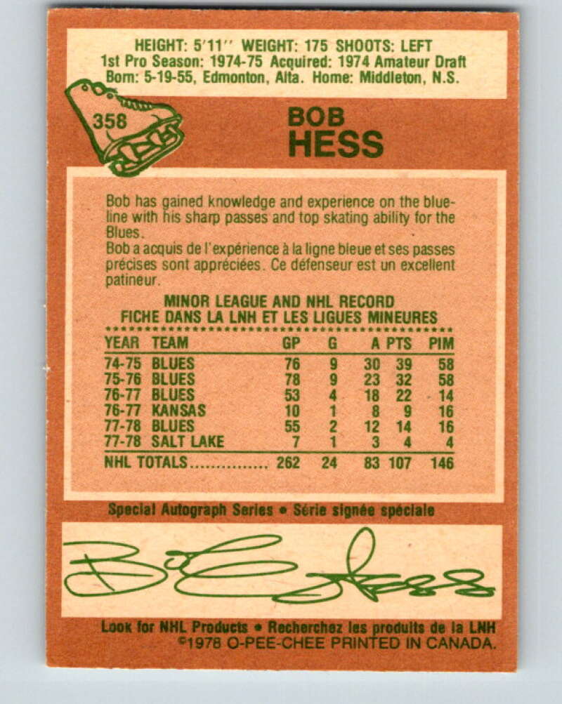 1978-79 O-Pee-Chee #358 Bob Hess St. Louis Blues V25872