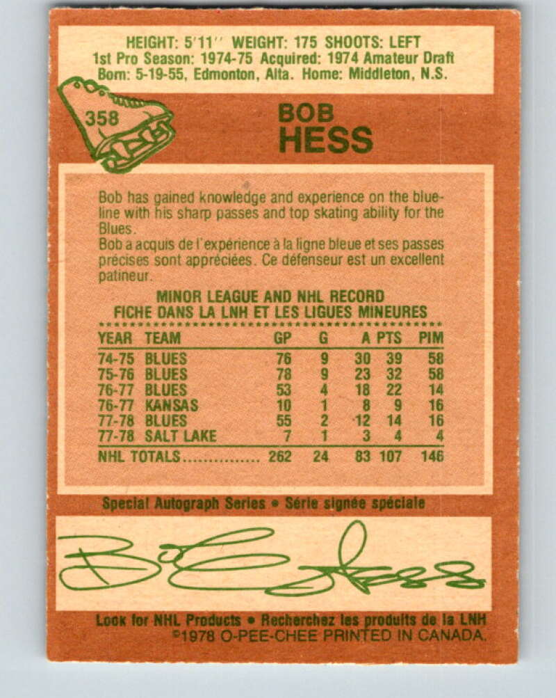 1978-79 O-Pee-Chee #358 Bob Hess St. Louis Blues V25873