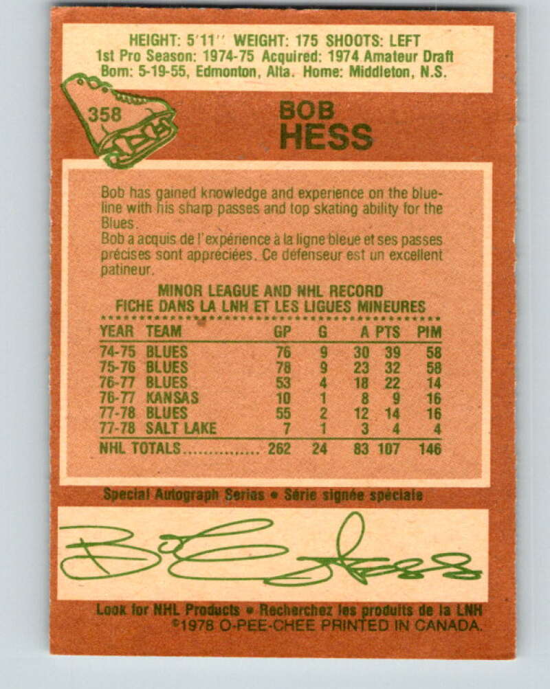 1978-79 O-Pee-Chee #358 Bob Hess St. Louis Blues V25874