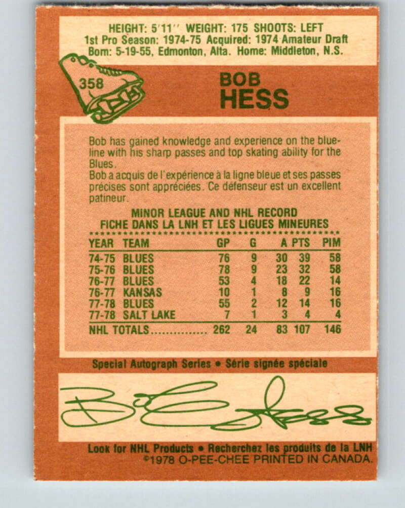 1978-79 O-Pee-Chee #358 Bob Hess St. Louis Blues V25876