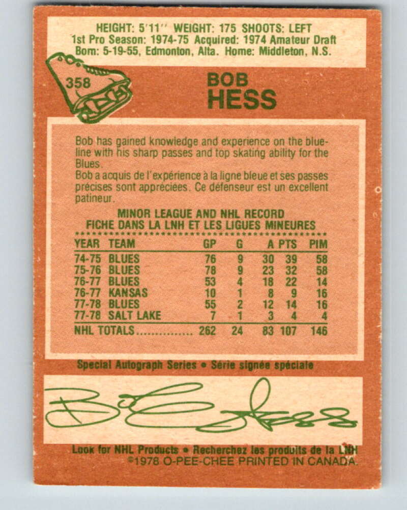 1978-79 O-Pee-Chee #358 Bob Hess St. Louis Blues V25877