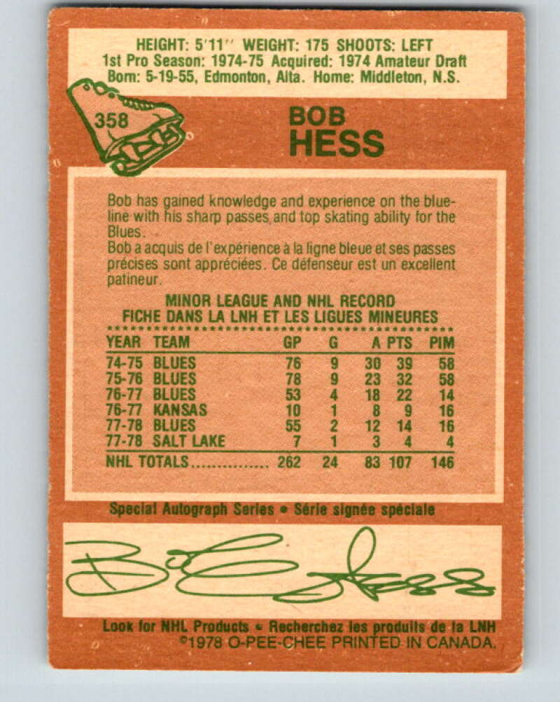 1978-79 O-Pee-Chee #358 Bob Hess St. Louis Blues V25878