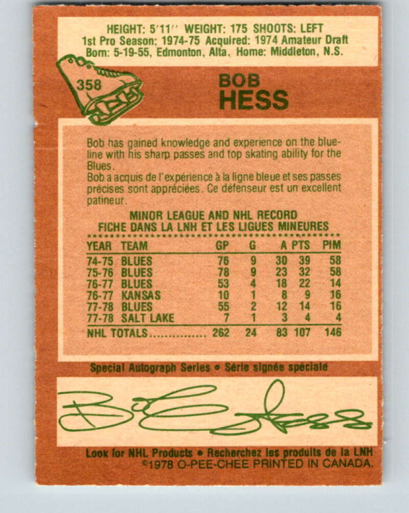 1978-79 O-Pee-Chee #358 Bob Hess St. Louis Blues V25879