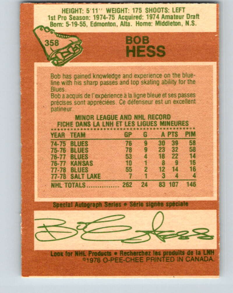 1978-79 O-Pee-Chee #358 Bob Hess St. Louis Blues V25881