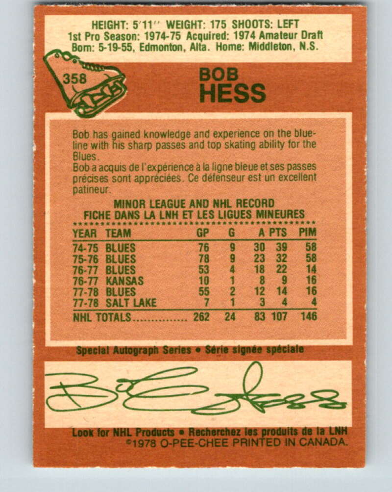 1978-79 O-Pee-Chee #358 Bob Hess St. Louis Blues V25882