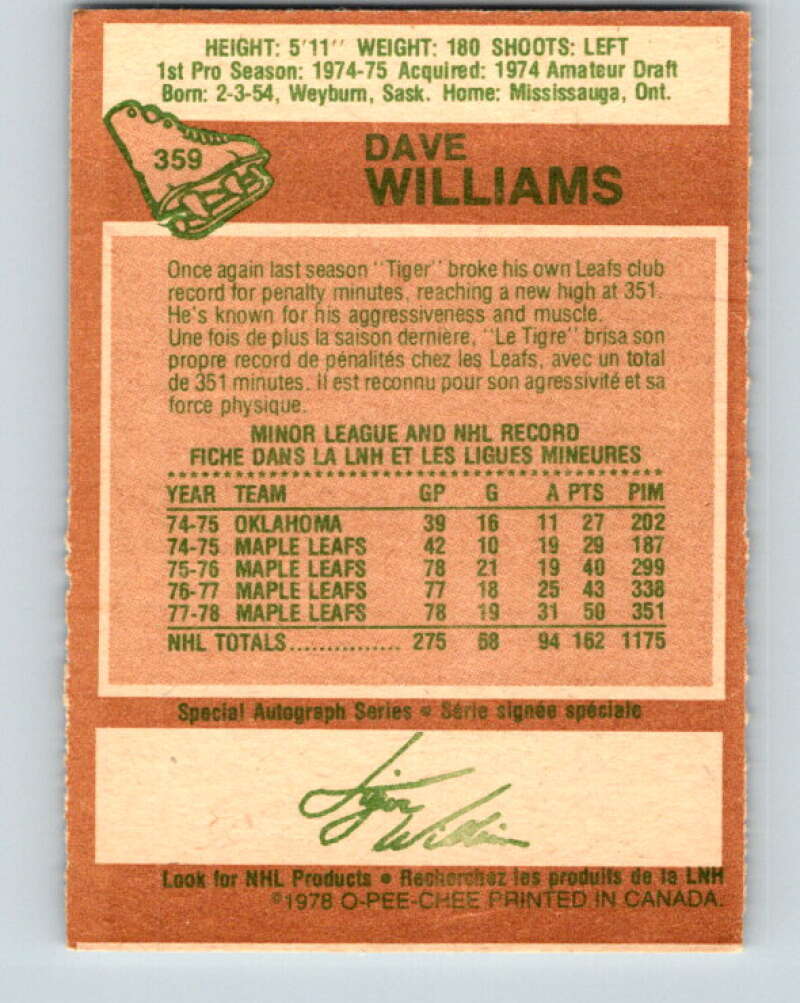 1978-79 O-Pee-Chee #359 Tiger Williams Maple Leafs V25885