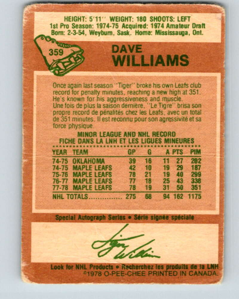1978-79 O-Pee-Chee #359 Tiger Williams Maple Leafs V25890