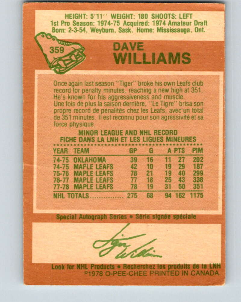 1978-79 O-Pee-Chee #359 Tiger Williams Maple Leafs V25894