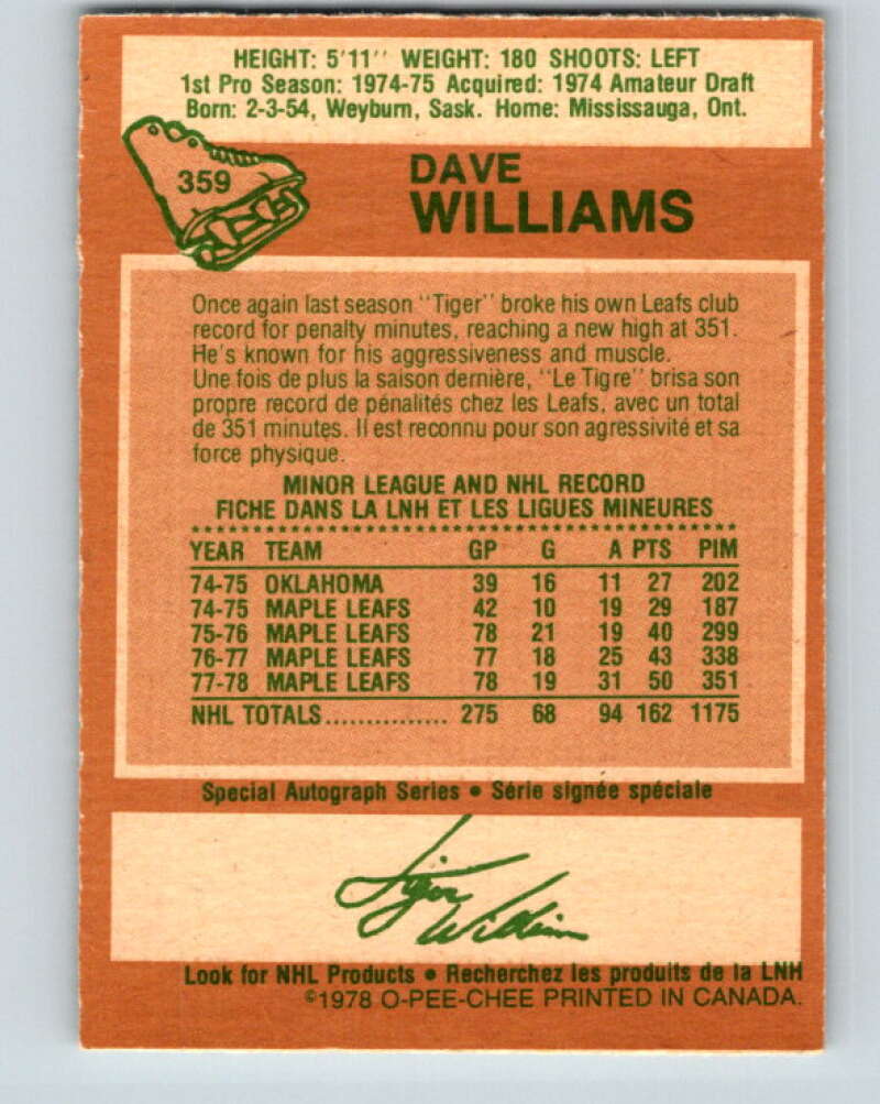 1978-79 O-Pee-Chee #359 Tiger Williams Maple Leafs V25895