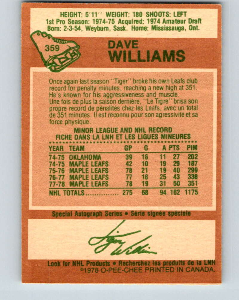 1978-79 O-Pee-Chee #359 Tiger Williams Maple Leafs V25896