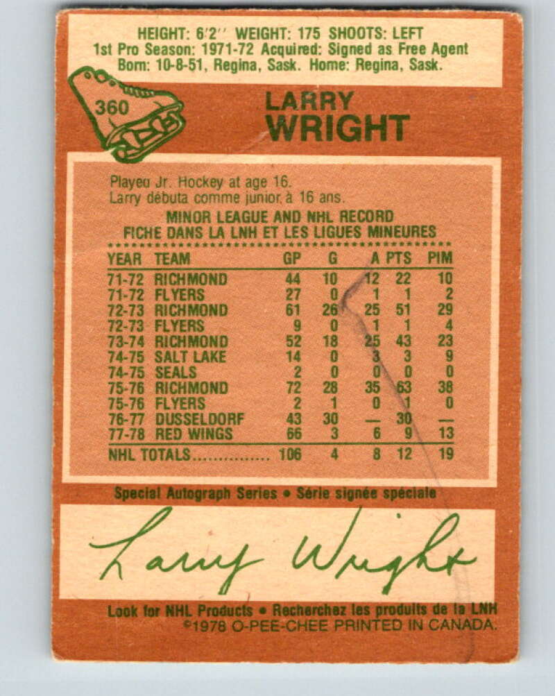 1978-79 O-Pee-Chee #360 Larry Wright RC Rookie Wings V25902