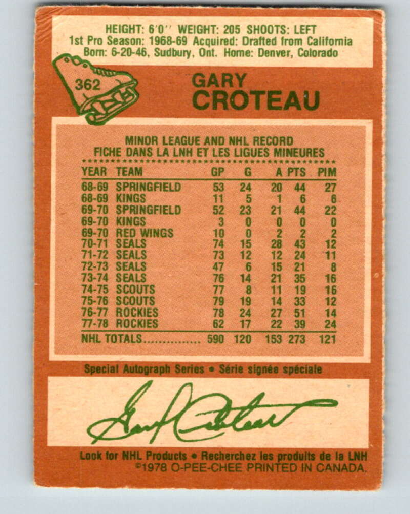 1978-79 O-Pee-Chee #362 Gary Croteau Colorado Rockies V26034