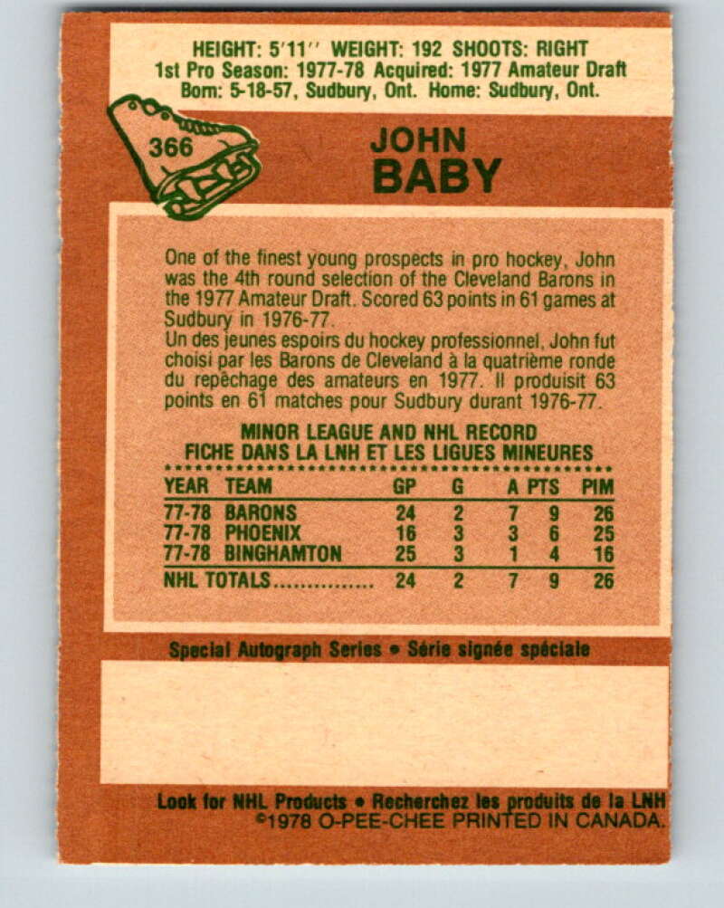 1978-79 O-Pee-Chee #366 John Baby RC Rookie North Stars V26094