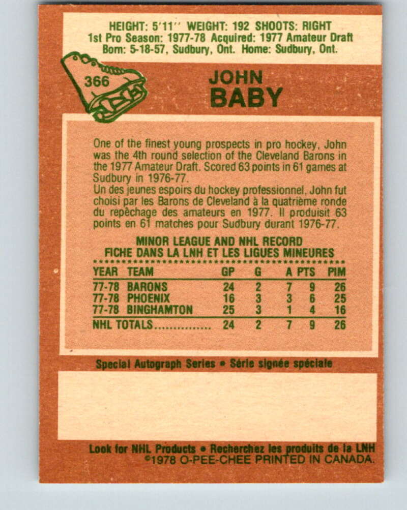 1978-79 O-Pee-Chee #366 John Baby RC Rookie North Stars V26095