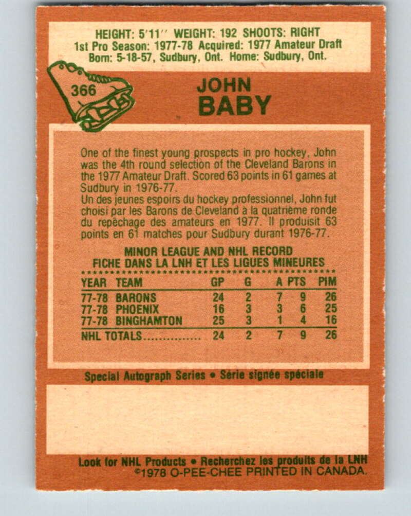1978-79 O-Pee-Chee #366 John Baby RC Rookie North Stars V26096