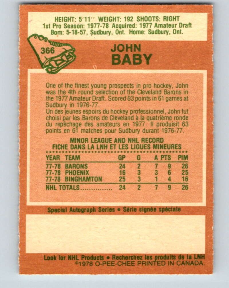 1978-79 O-Pee-Chee #366 John Baby RC Rookie North Stars V26097