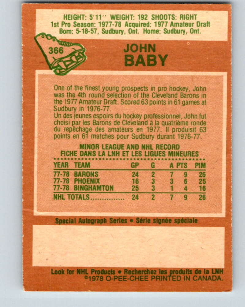 1978-79 O-Pee-Chee #366 John Baby RC Rookie North Stars V26098