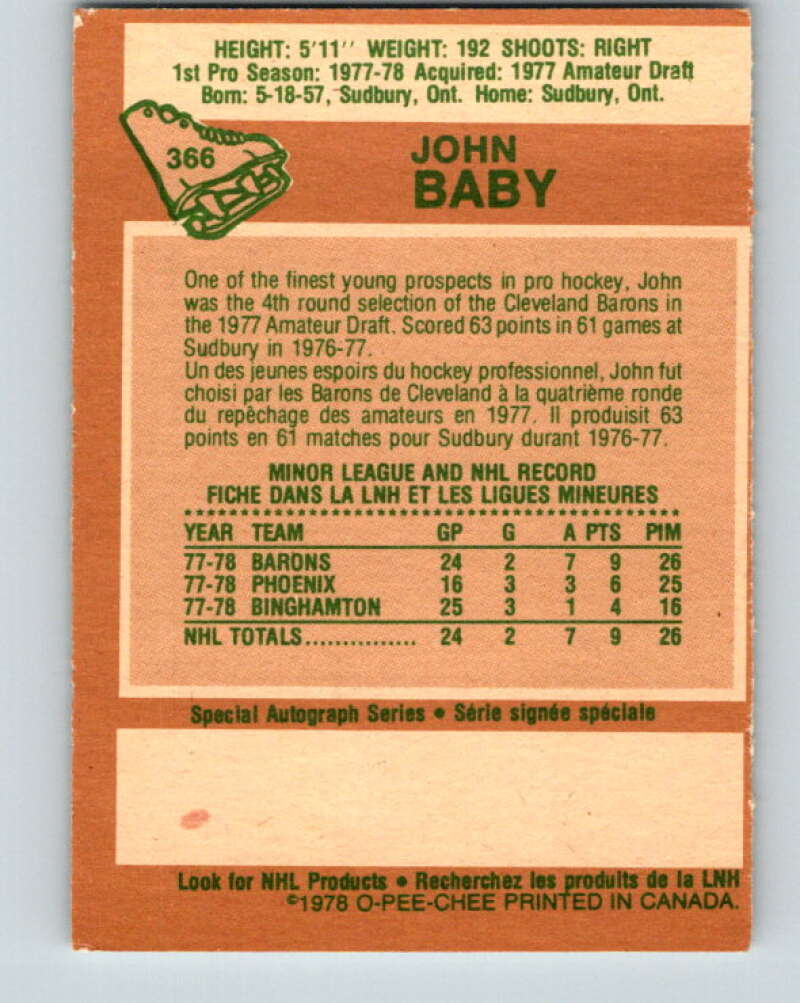 1978-79 O-Pee-Chee #366 John Baby RC Rookie North Stars V26099