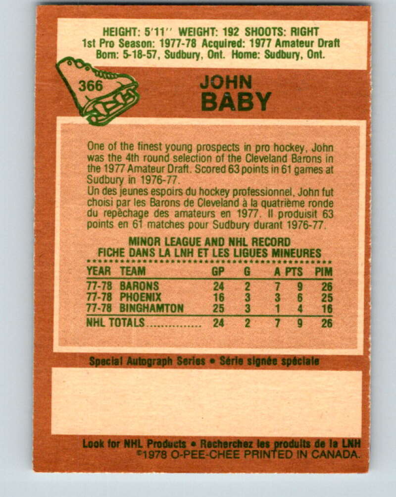 1978-79 O-Pee-Chee #366 John Baby RC Rookie North Stars V26100