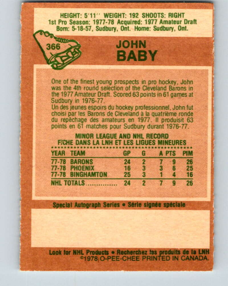 1978-79 O-Pee-Chee #366 John Baby RC Rookie North Stars V26101