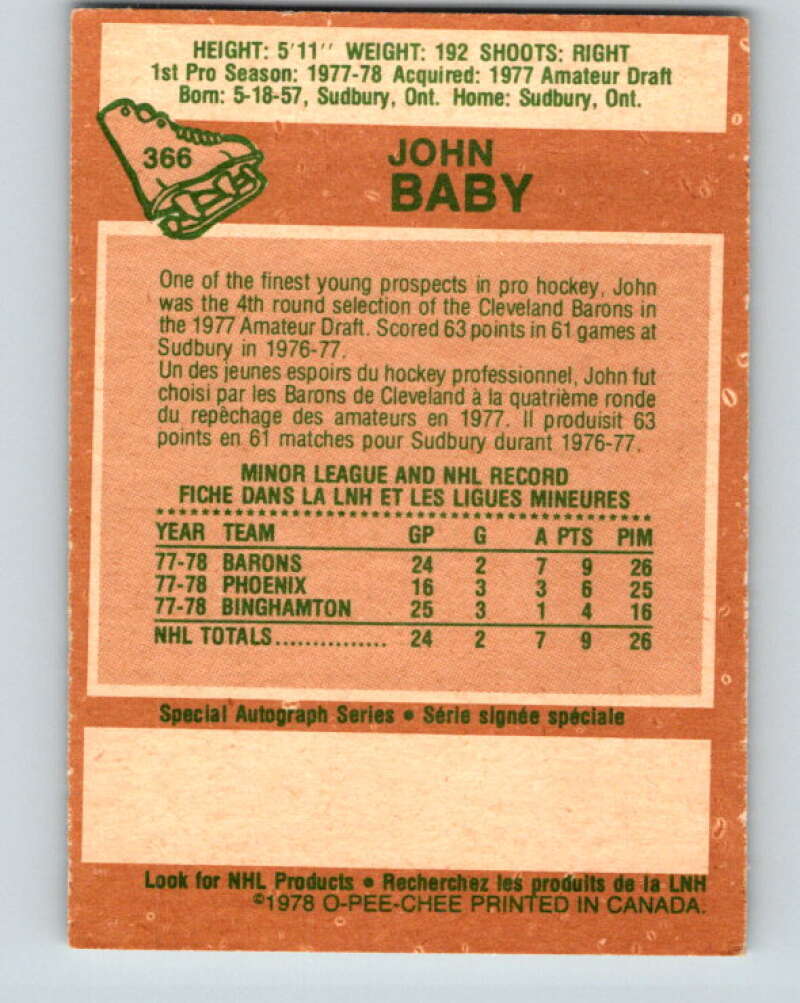 1978-79 O-Pee-Chee #366 John Baby RC Rookie North Stars V26102