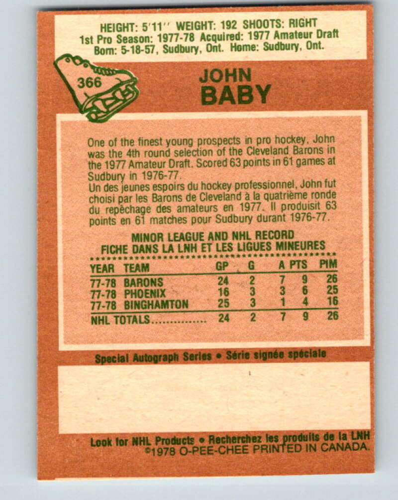 1978-79 O-Pee-Chee #366 John Baby RC Rookie North Stars V26104