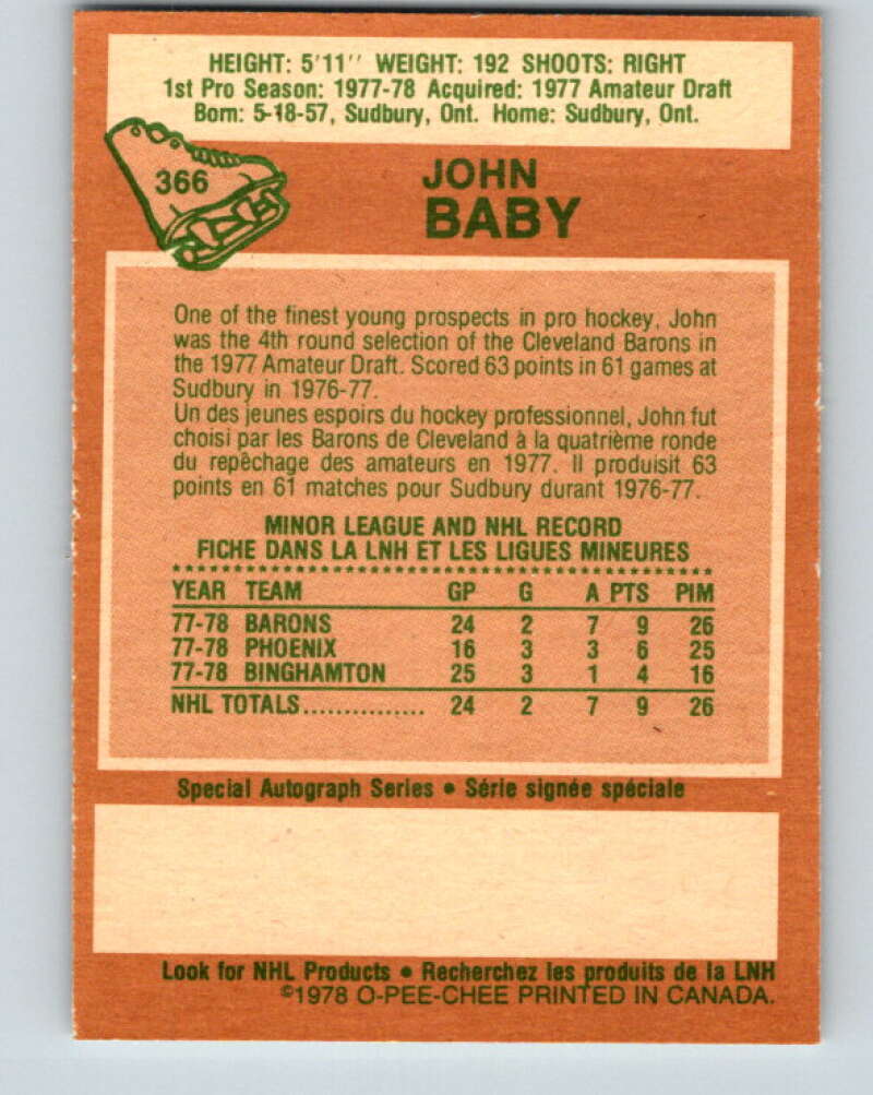1978-79 O-Pee-Chee #366 John Baby RC Rookie North Stars V26105