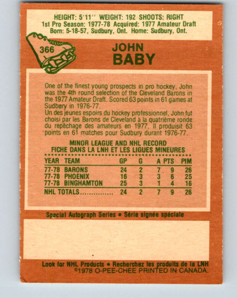 1978-79 O-Pee-Chee #366 John Baby RC Rookie North Stars V26106