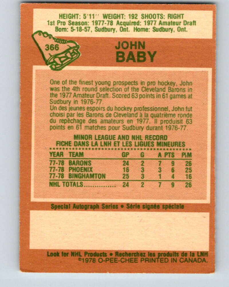 1978-79 O-Pee-Chee #366 John Baby RC Rookie North Stars V26107