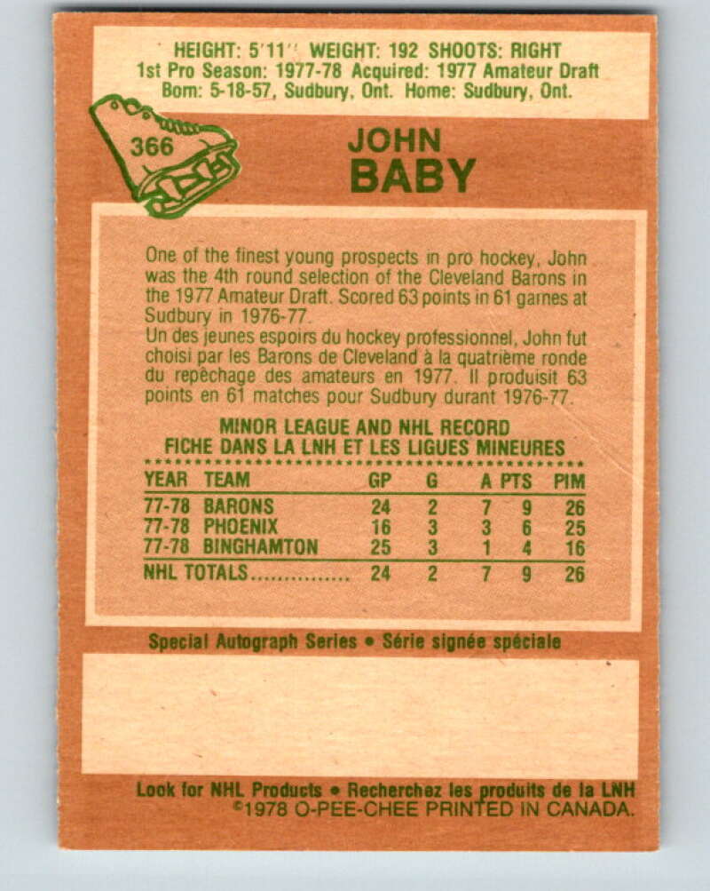 1978-79 O-Pee-Chee #366 John Baby RC Rookie North Stars V26108