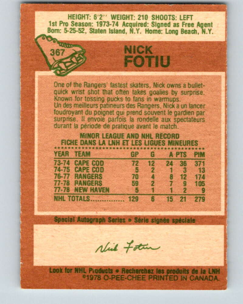 1978-79 O-Pee-Chee #367 Nick Fotiu New York Rangers V26119