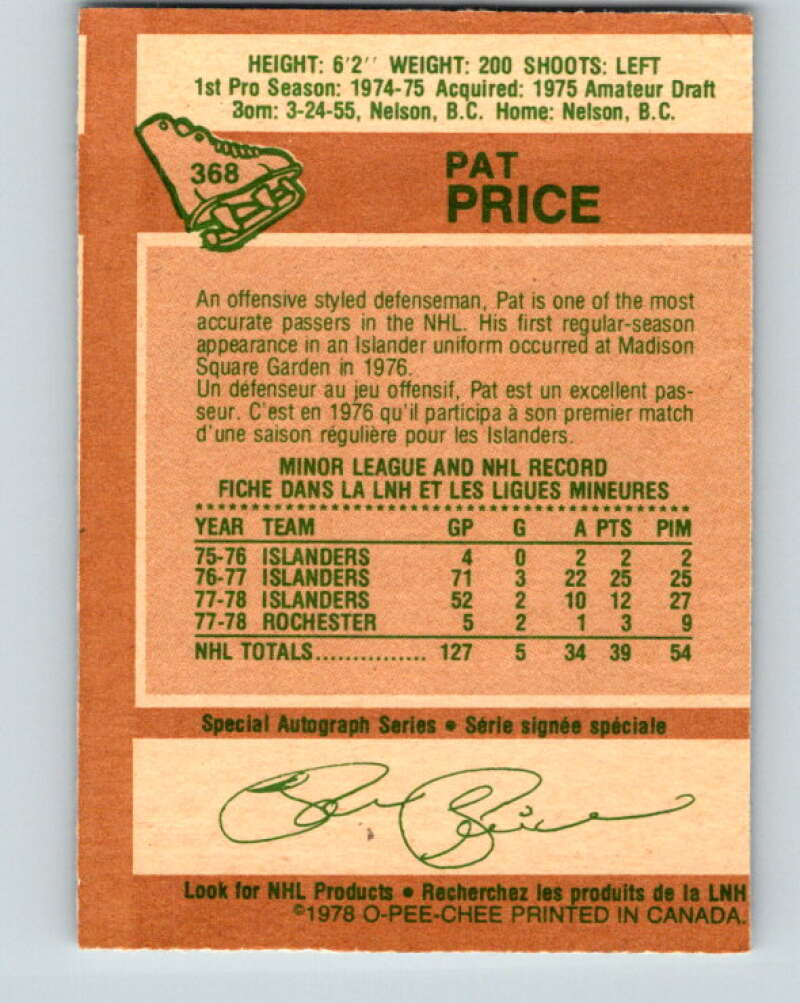 1978-79 O-Pee-Chee #368 Pat Price New York Islanders V26129