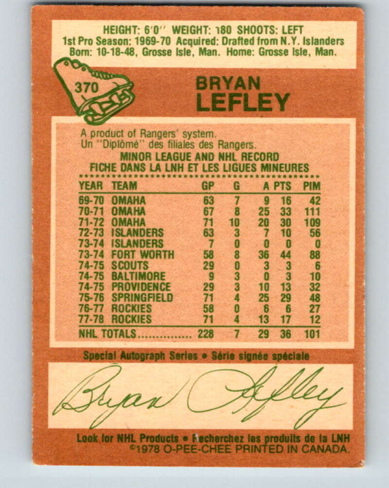 1978-79 O-Pee-Chee #370 Bryan Lefley Colorado Rockies V26146